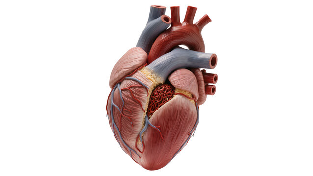 Detailed anatomical human heart model with arteries and veins showcasing intricate internal structure, isolated on transparent background for medical diagrams