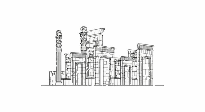 Architectural line art sketch of ancient ruins with tall pillars and stone walls