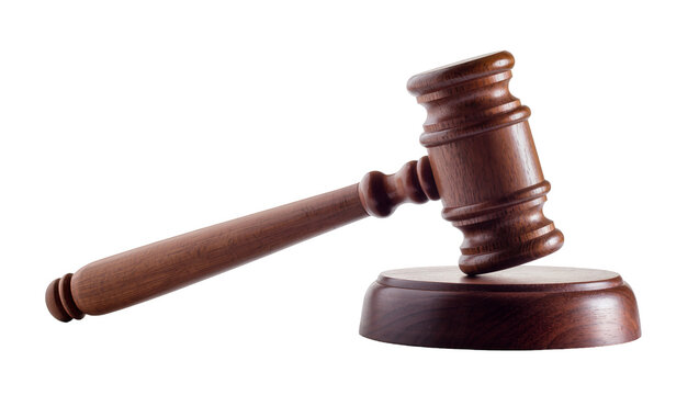 Polished dark brown wooden gavel resting on a circular wooden base, isolated on transparent background for legal concepts and justice themes