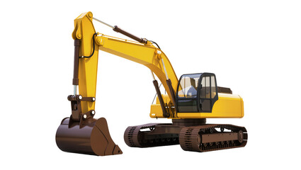 Heavy duty yellow construction excavator with articulated arm and tracked chassis, isolated on transparent background for industrial design projects © Julie