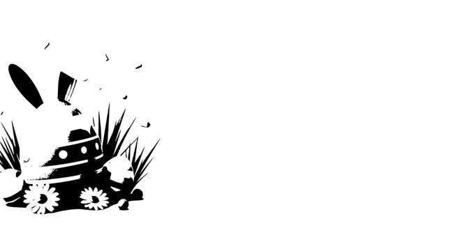 A black and white vector graphic illustration of a tank exploding in a field