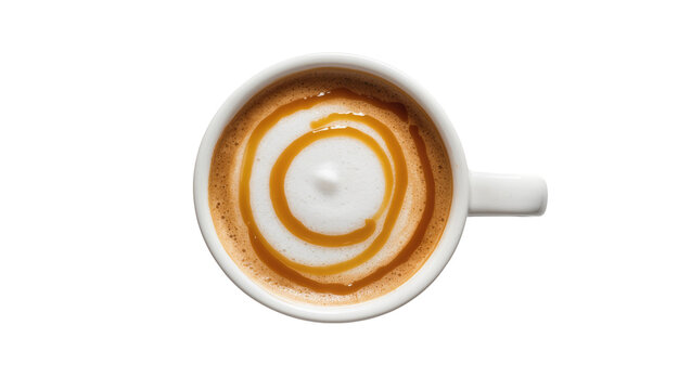 Swirling caramel latte art pattern in a ceramic mug, beautifully isolated on transparent background for beverage advertising and menu designs