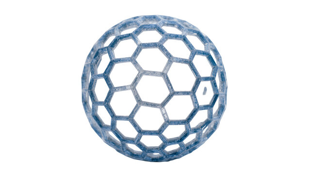 Complex geodesic sphere constructed from interconnected blue hexagons and pentagons, isolated on transparent background for scientific visualizations and abstract designs