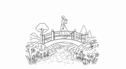 Obraz premium A person walks across a bridge over a stream in a blooming garden