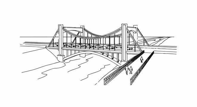 A suspension bridge with traffic, a river, and pedestrian walkway