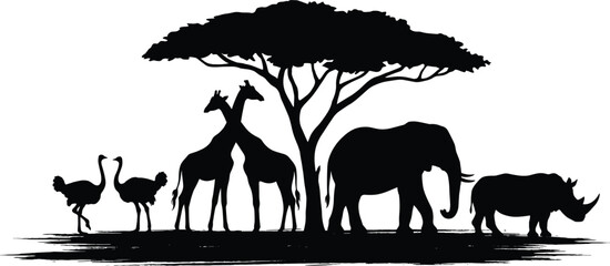 African safari animals silhouette, giraffe elephant rhino ostrich under acacia tree, wildlife landscape vector illustration, nature savanna scene design © MDMOSTAFIZUR