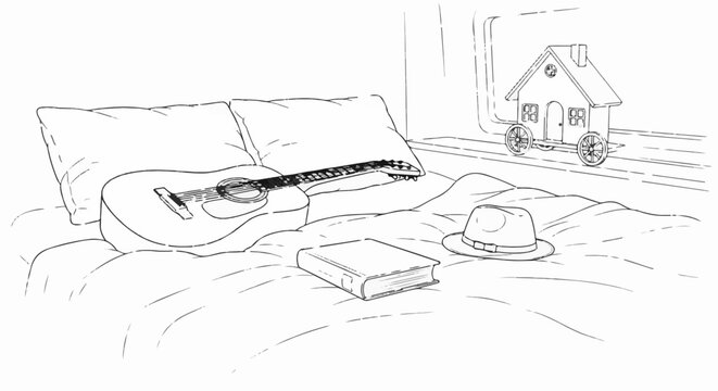 A sketch of a guitar, book, and hat on a bed, with a house on wheels in background