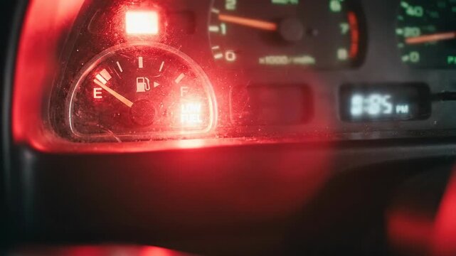 Global energy crisis and energy shortage industrial shock, car dashboard fuel gauge low fuel warning light symbol at night, warning light alert
