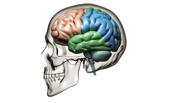 Detailed anatomical model of human skull showcasing vibrant color-coded brain lobes, isolated on transparent background for medical diagrams