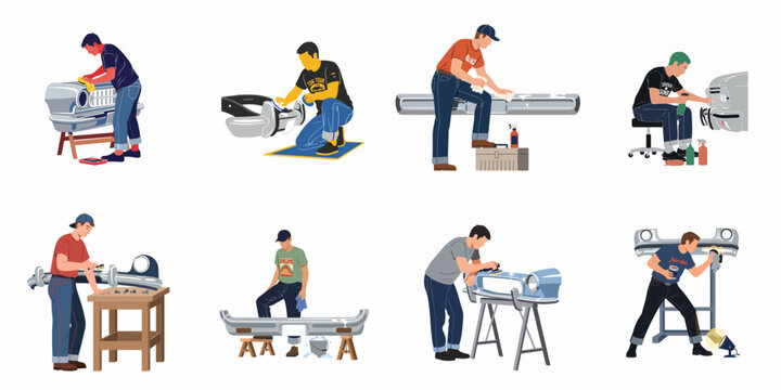 Set of flat vector illustrations featuring men engaged in cleaning, polishing, and restoring vintage car bumpers and grills in a professional workshop environment.