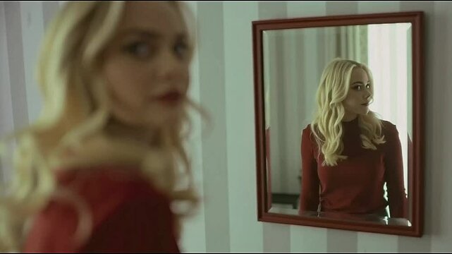 Young Woman in Red Shirt Gazes at Her Reflection, Pondering Self-Identity and Inner Thoughts