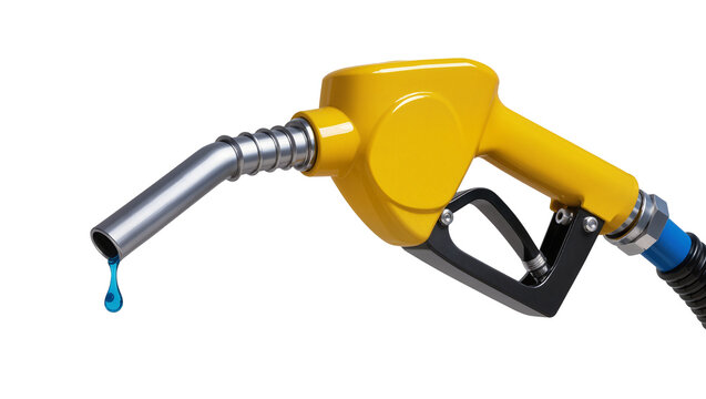 Metallic silver gas pump nozzle with bright yellow handle dispensing blue liquid, isolated on transparent background for automotive service graphics
