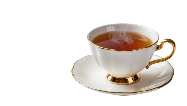 Elegant porcelain teacup with golden rim filled with steaming hot tea, isolated on transparent background for beverage advertising and menus