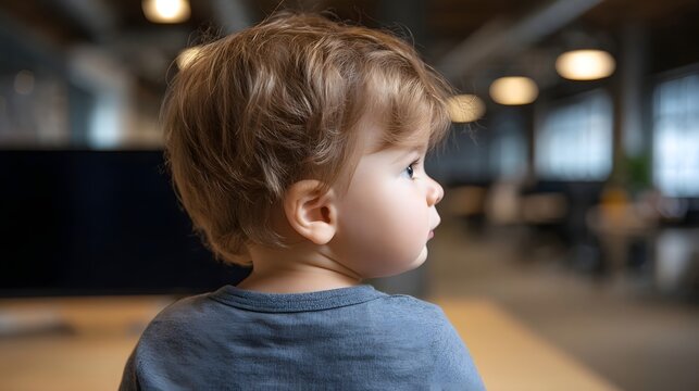 Side profile of a young child with blond hair looking attentively in a modern blurred office environment