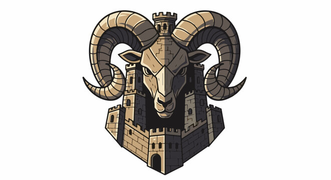 Stylized ram head integrated into a stone fortress, detailed