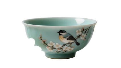Ceramic teal bowl showcasing a detailed painted chickadee perched on blossoming cherry branches, isolated on transparent background for decorative design © Agata