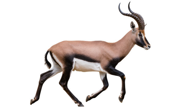 Elegant male Gerenuk antelope gracefully stepping forward with curved horns displaying brown and beige fur, isolated on transparent background for wildlife designs