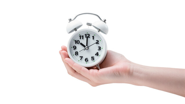 Pale vintage twin-bell alarm clock with black hands showing 2 15 gently held by a fair human hand, isolated on transparent background for time concepts