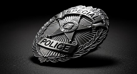 Fototapeta premium A gleaming silver police badge rests on a dark, textured surface, symbolizing law enforcement and justice