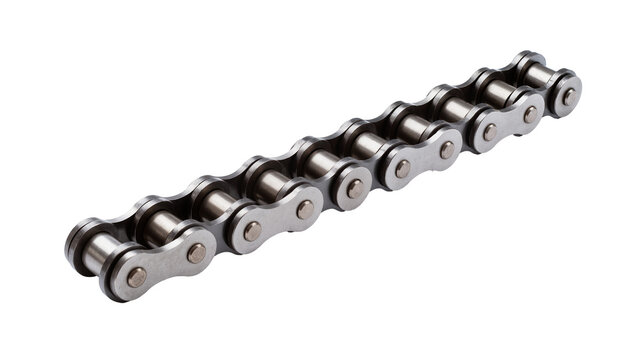 Metallic silver bicycle chain with interlocking links, precisely rendered isolated on transparent background for mechanical diagrams and industrial designs