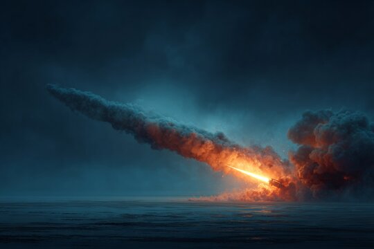 Fiery trail of military rocket over desert in modern conflict. Product showcase. Military tactics unfold as missile leaps into night sky over desert. Clean retouch. Luxury style.