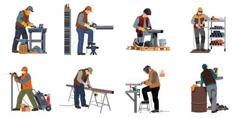 Fototapeta premium Collection of vector illustrations showing industrial workers using angle grinders for metal cutting and grinding in various workshop and construction settings.
