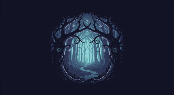 Pixel art forest path framed by ominous, stylized trees with glowing runes