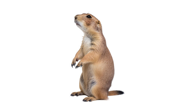 Alert upright prairie dog standing on hind legs paws raised in a curious gesture, isolated on transparent background for wildlife designs