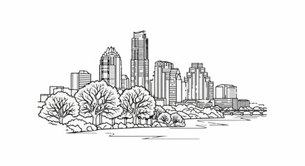Fototapeta premium Black and white sketch of a modern city skyline behind trees and water