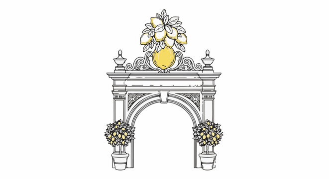 Ornate archway with potted lemon trees and a lemon cluster