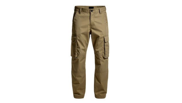 Khaki cargo pants with multiple utility pockets and a button fly, isolated on transparent background for apparel mockups and fashion design