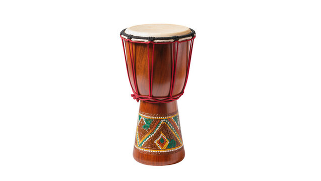 Traditional African djembe drum with intricate painted design on the base, isolated on transparent background for musical themes and culture