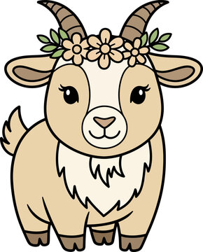 Cute Goat Wearing Flower Crown Head.