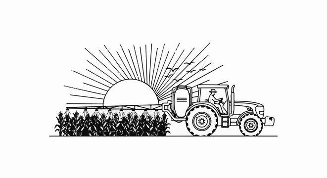 Farmer driving a tractor spraying crops at sunrise with birds flying