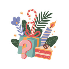 Obraz premium Birthday Surprise Vector Illustration – Wrapped Gift Box with Question Mark, Cake Slice, and Candle in Flat 2D Design 