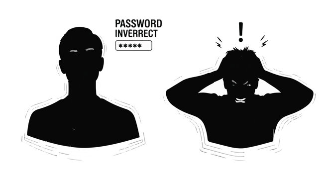 Frustrated man experiencing password error with incorrect login attempt on computer screen in dark silhouette style