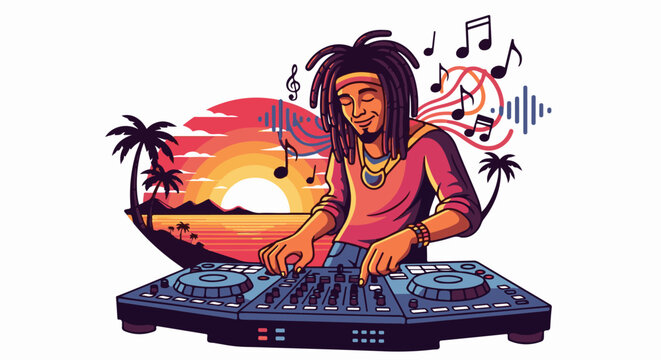 A DJ with dreadlocks plays music by a tropical sunset