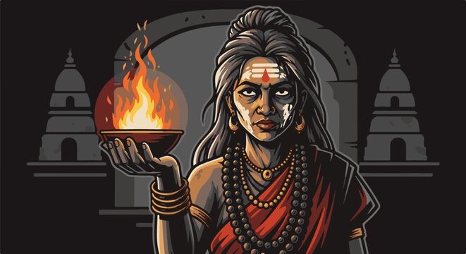 Fierce woman holds fire over ancient temple structures