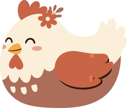 Smiling cartoon chicken in eggshell.