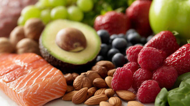 Healthy food background with fresh salmon, avocado, berries and nuts. Balanced diet concept with omega-3, vitamins and natural organic ingredients for clean eating and nutrition.