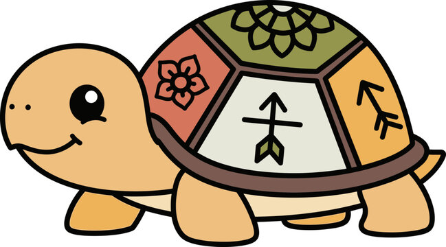 Smiling Cartoon Turtle with Decorative Shell.