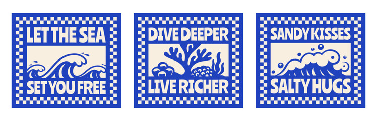 Set of Retro Summer Beach Vibes Flat Illustration for T-Shirt Print with Slogans, Vintage Tropical Apparel Sticker Design with Waves, Coral, Coastal Travel Poster Badge Collection for Posters © Whiskerz