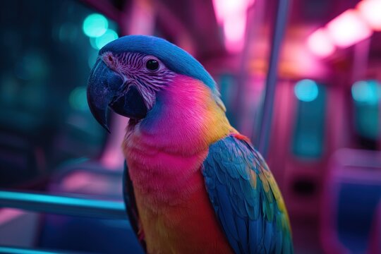 Colorful parrot portrait inside neon lit metro train with vibrant lighting