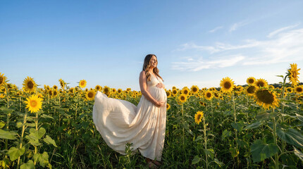 Fototapeta premium Pregnant Woman in Flowing Dress Amidst Vibrant Sunflower Field Under Blue Sky