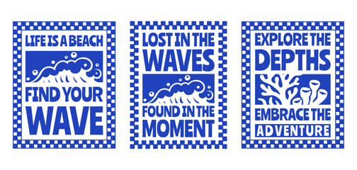 Set of Retro Summer Beach Vibes Flat Illustration for T-Shirt Print with Slogans, Vintage Tropical Apparel Sticker Design with Waves, Coral, Coastal Travel Poster Badge Collection for Posters © Whiskerz