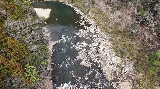 Aerial drone flying forward over forest river, low altitude cinematic nature 4K