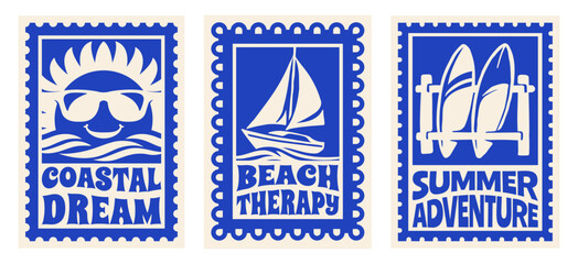 Set of Retro Summer Beach Vibes Flat Illustration for T-Shirt Print with Slogans, Vintage Tropical Apparel Sticker Design with Sunsise, Sailboat, Surboards, Coastal Travel Poster Badge Collection © Whiskerz