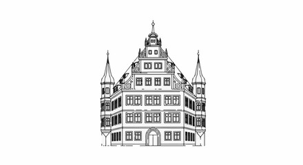 Obraz premium Detailed black and white line drawing of a historic building with towers