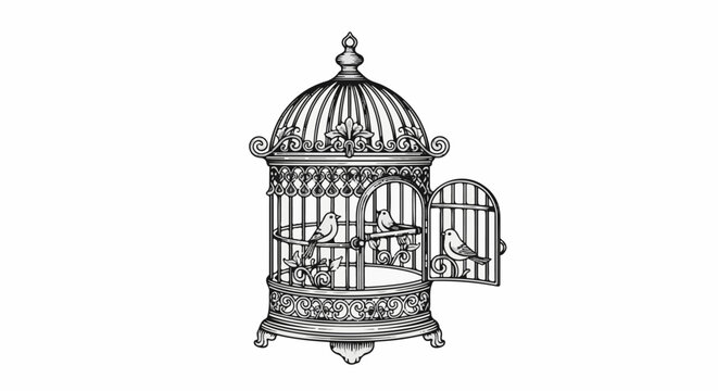 Ornate antique birdcage with open door holding three small birds