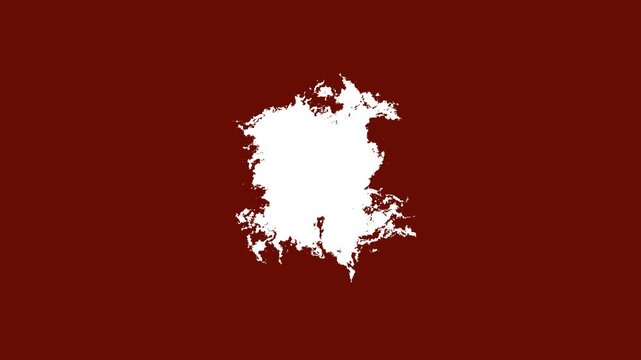 Artistic red ink explosion and splatter transition on white background, fluid paint bloom with organic flowing stains, dynamic watercolor spread effect for cinematic reveal and composition 4K